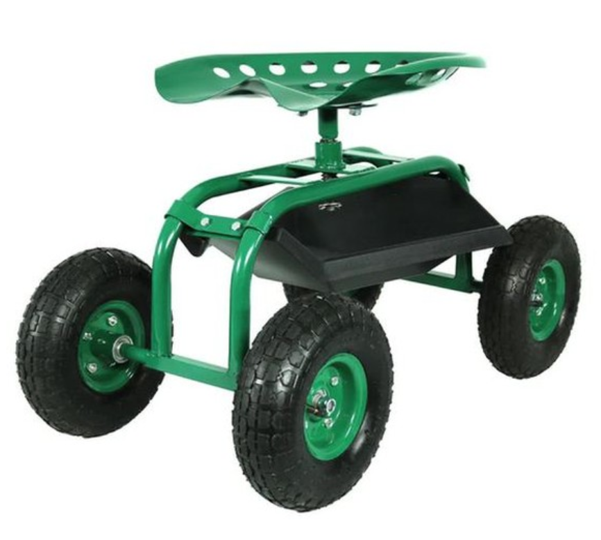 Sunnydaze Rolling Gardening Chair Cart with Wheels - Full Range 360 Swivel Seat with Adjustable Height - Utility Tool Tray and Storage Basket - Green
