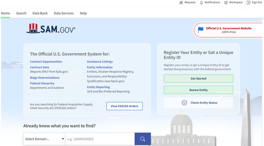 SAM.gov workspace homepage