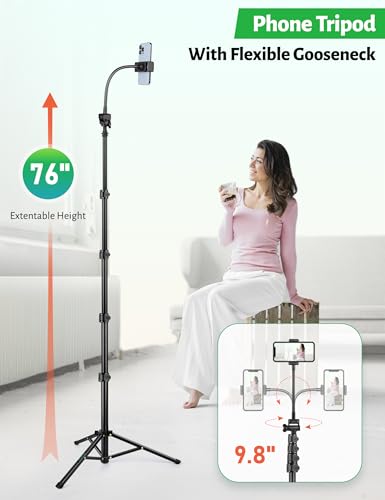 Tripod for Cell Phone, 76" Phone Tripod with Gooseneck & Remote, Tripod for iPhone Selfie Stick Portable Tripod Video Recording Photo Vlog, Compatible with iPhone Plus Cellphone Camera