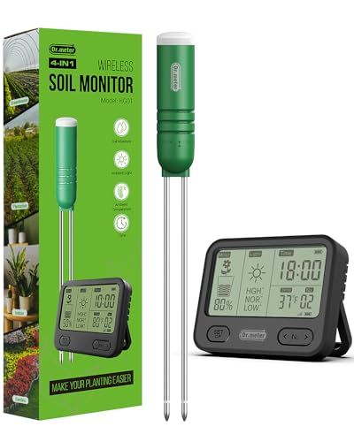 Dr.meter 4-in-1 Soil Moisture Meter, 300ft Wireless Soil Tester Sensor, Temperature/Light/Time/Soil Hygrometer Monitor with Digital LCD Display for Indoor Outdoor Plants, Garden, Lawn, Gardening Gifts Drmeter