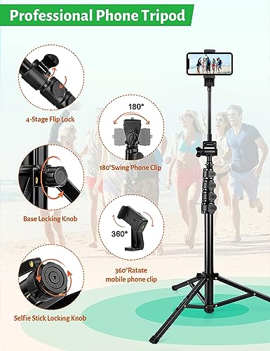 Tripod for Cell Phone, 76" Phone Tripod with Gooseneck & Remote, Tripod for iPhone Selfie Stick Portable Tripod Video Recording Photo Vlog, Compatible with iPhone Plus Cellphone Camera