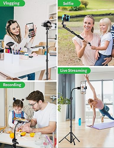 Tripod for Cell Phone, 76" Phone Tripod with Gooseneck & Remote, Tripod for iPhone Selfie Stick Portable Tripod Video Recording Photo Vlog, Compatible with iPhone Plus Cellphone Camera