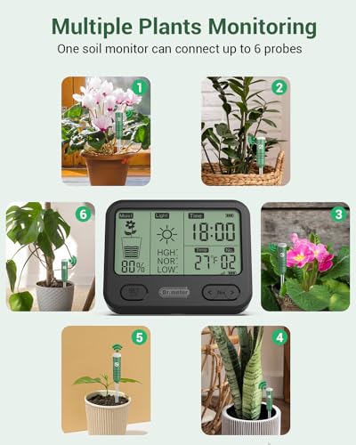 Dr.meter 4-in-1 Soil Moisture Meter, 300ft Wireless Soil Tester Sensor, Temperature/Light/Time/Soil Hygrometer Monitor with Digital LCD Display for Indoor Outdoor Plants, Garden, Lawn, Gardening Gifts