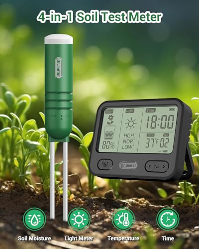 Dr.meter 4-in-1 Soil Moisture Meter, 300ft Wireless Soil Tester Sensor, Temperature/Light/Time/Soil Hygrometer Monitor with Digital LCD Display for Indoor Outdoor Plants, Garden, Lawn, Gardening Gifts