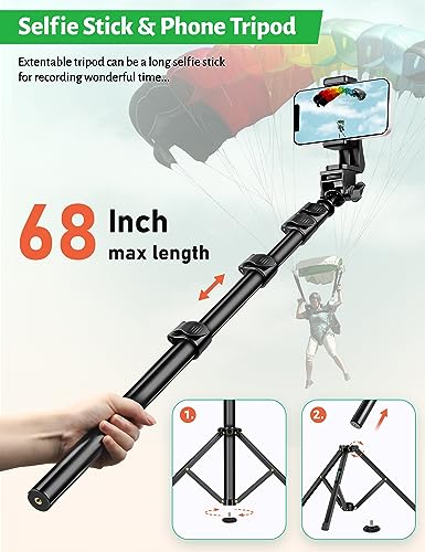 Tripod for Cell Phone, 76" Phone Tripod with Gooseneck & Remote, Tripod for iPhone Selfie Stick Portable Tripod Video Recording Photo Vlog, Compatible with iPhone Plus Cellphone Camera