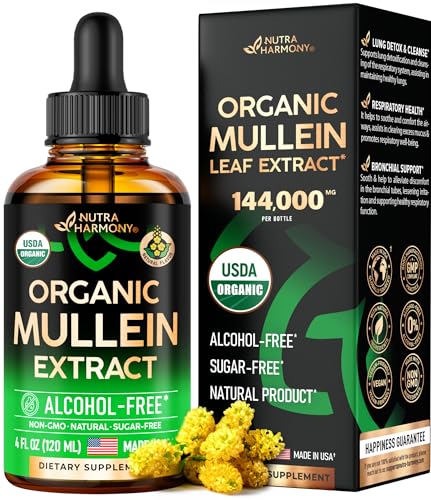 USDA Organic Mullein Drops for Lungs - Mullein Leaf Extract Supplement - Made in USA - Lung & Bronchial Cleanse for Smokers - Respiratory Health Support - As Liquid, Tincture, Tea, Pills - 4 fl oz