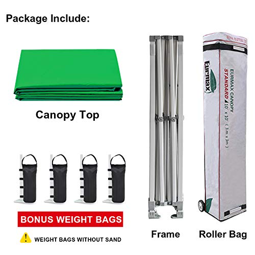 Eurmax USA 10'x10' Ez Pop Up Canopy Tent Commercial Instant Canopies with Heavy Duty Roller Bag,Bonus 4 Sand Weights Bags (Kelly Green)