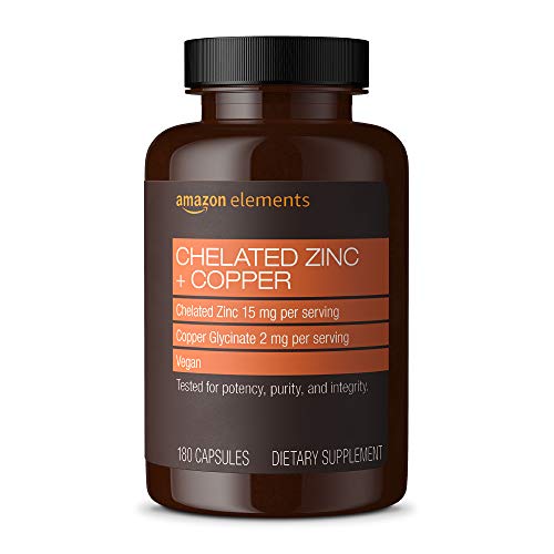Amazon Elements Chelated Zinc + Copper, 15 mg Chelated Zinc, 2 mg Copper Glycinate - Immune System Support -180 Capsules (6 month supply)