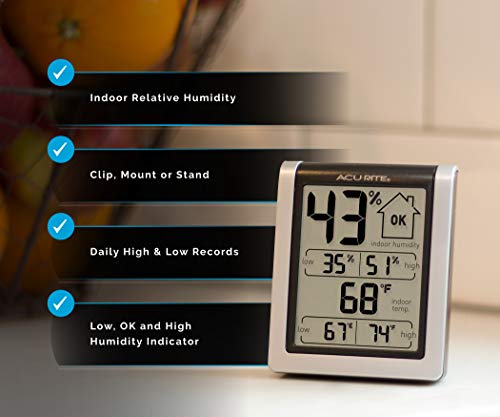 AcuRite 00613 Digital Hygrometer & Indoor Thermometer Pre-Calibrated Humidity Gauge, 3" H x 2.5" W x 1.3" D, Black