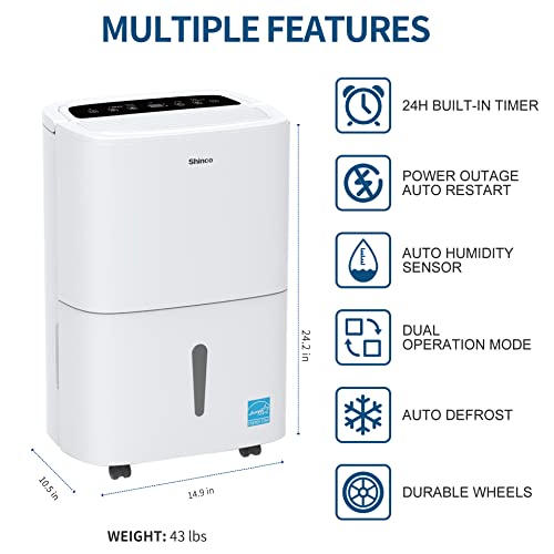 Shinco 5,000 Sq.Ft Energy Star Dehumidifier with Pump, Ideal For Basements 70 Pint, Large & Medium Sized Bathrooms, And Garage (White)