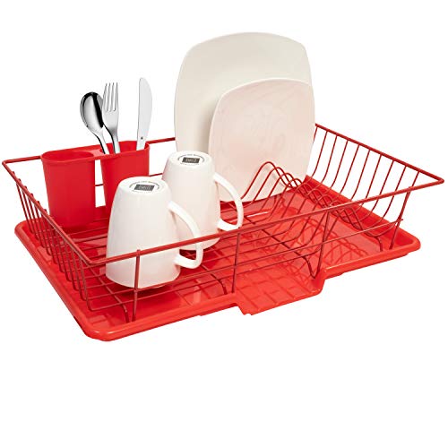 Sweet Home Collection 3 Piece Dish Drainer Rack Set with Drying Board and Utensil Holder, 12" x 19" x 5", Red