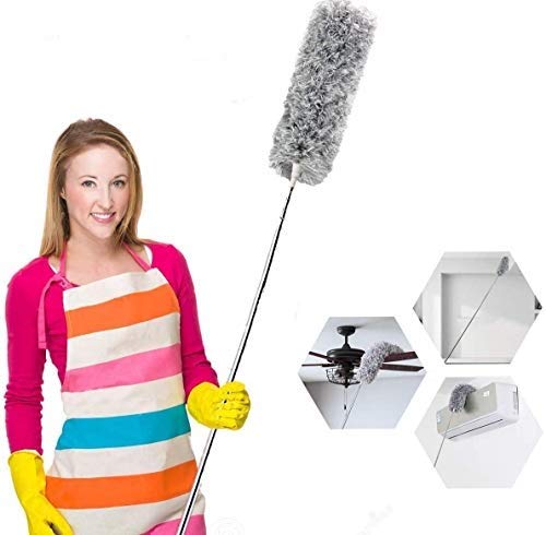 Microfiber Duster for Cleaning with Extension Pole(Stainless Steel), Extra Long 110 inches,with Bendable Head, Detachable, Lint Free Dusters for Cleaning Ceiling Fan, Blinds, Cobwebs, Furniture