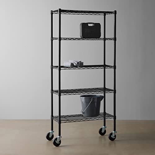 Amazon Basics 5-Shelf Adjustable, Heavy Duty Storage Shelving Unit on 4'' Wheel Casters, Metal Organizer Wire Rack, Black (30L x 14W x 64.75H)