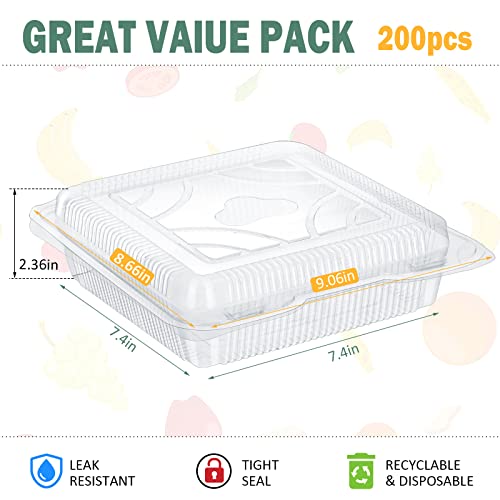 Clear Plastic Hinged Food Container 9 x 9 x 2.4 Inch Clear Take out Containers with Lids Clamshell Food Containers Food Package Containers Plastic Boxes for Salad (200 Pack)