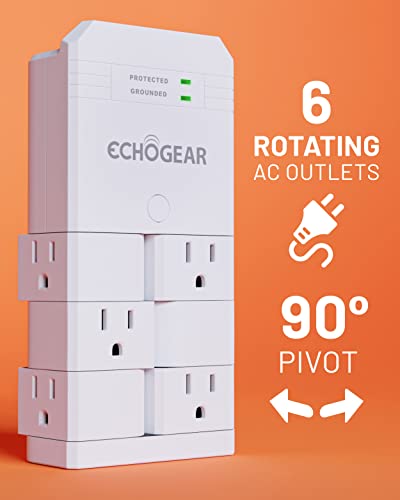 ECHOGEAR On-Wall Surge Protector with 6 Pivoting AC Outlets & 1080 Joules of Surge Protection - Low Profile Design Installs Over Existing Outlets to Protect Your Gear (White)