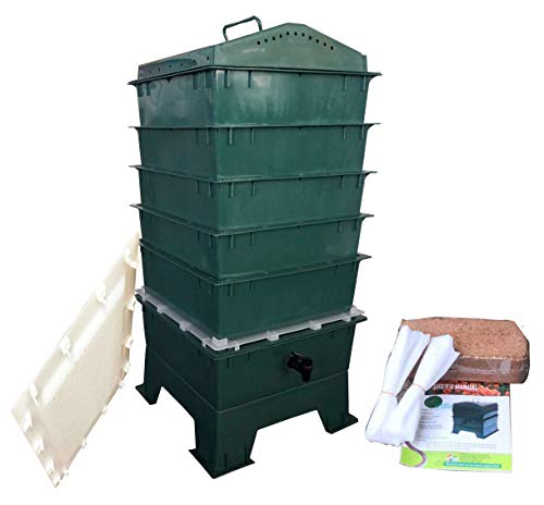 VermiHut 5-Tray Worm Compost Bin, Dark Green with Worm-saver Tray