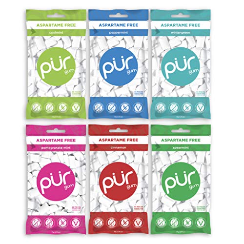 PUR Gum 6 Flavor Assortment Spearmint, Peppermint, Pomegranate Mint, Wintergreen, Cinnamon, Coolmint