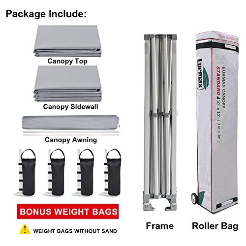Eurmax USA 10 x 10 Pop up Canopy Commercial Tent Outdoor Party Canopies with 4 Removable Zippered Sidewalls and Roller Bag with 4 Canopy Sand Bags & 24 Squre Ft Extended Awning(Grey)