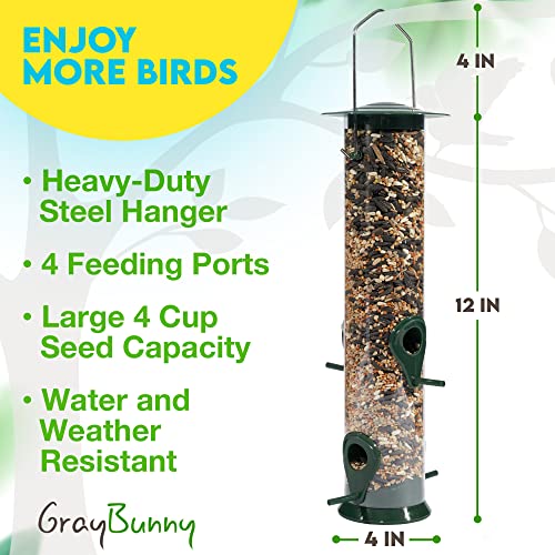 Gray Bunny Classic Tube Wild Bird Feeders for Outside Hanging, Premium Hard Plastic Outdoor Bird Feeder with Steel Hanger, Weatherproof & Water Resistant