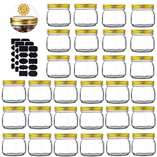 Rainforce Mason Jars 8 oz-30 Pack- Small Mason Jars With Gold Lids -1/4 Quart Canning Jars| Storage Pickling Jars For Jelly, Jam, Honey, Pickles - Spice Glass Jars - With Free 30 Chalkboard Labels