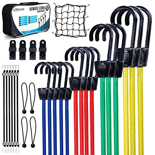 AXEMAX Bungee Cords Heavy Duty Outdoor-32 Pcs Assorted Sizes of Traps Clips, Canopy Ties, Bungie Straps and Cargo net with Heavy Duty Plastic Coted Metal Hooks- 10,18,24,32,40 inches