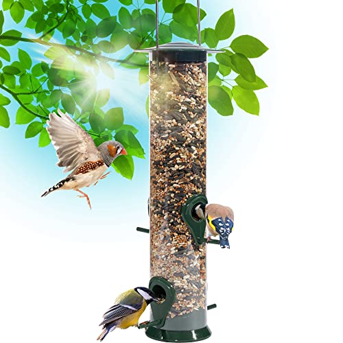 Gray Bunny Classic Tube Wild Bird Feeders for Outside Hanging, Premium Hard Plastic Outdoor Bird Feeder with Steel Hanger, Weatherproof & Water Resistant