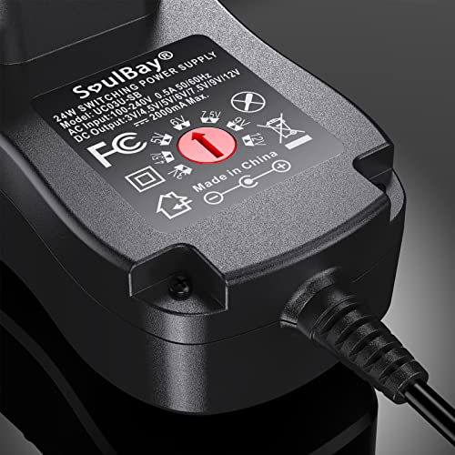 SoulBay Universal AC/DC Adapter Multi-Voltage Regulated Switching Power Supply with 8 Selectable Adapter Plugs, for 3V to 12V Home Electronics, 2Amps Max