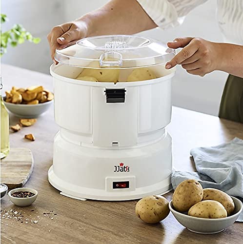 J-JATI Electric Potato Peeler Automatic Peeling machine blade rotary safety lock no mess potato rumbler 1KG capacity White potato shaker with water