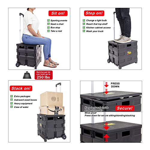 dbest products Quik Cart Collapsible Rolling Crate on Wheels for Teachers Tote Basket 80 lbs Capacity, Made from Heavy Duty Plastic Used as a Seat, Black
