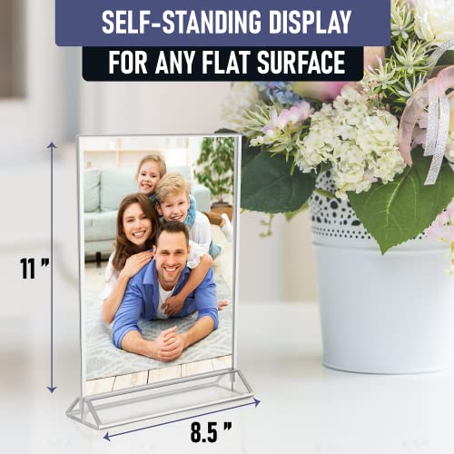 Silver Picture Frames Double Sided - 6 Pack - 8.5x11 Acrylic Silver Table Number Holders, Clear Easel Table Stands for Signs, Silver Frames for Wedding Table Numbers, Menu Holder, Photo Frame