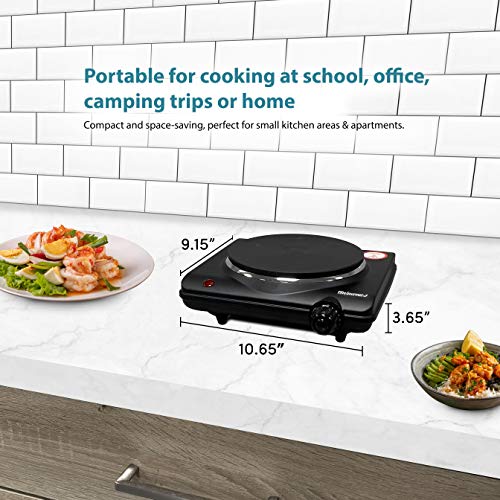 Elite Gourmet Countertop Single Cast Iron Burner, 1000 Watts, Black Electric Hot Plate, Temperature Controls, Power Indicator Lights, Easy to Clean, Black