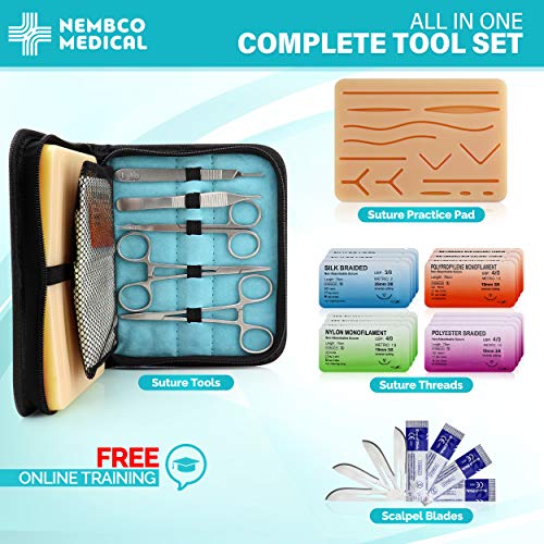 Suture Practice Kit for Medical Students - Suture Kit Includes Tool Kit, Large Silicone Suture Pad with Pre-Cut Wounds, and Mixed Suture Threads with Needles