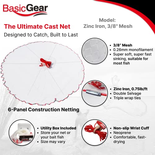 Products BasicGear Cast Net | 3ft-12ft Radius, 3/8 or 1/4 inch Mesh for Freshwater and Saltwater Bait Fish| Professional Grade and Upgraded Material | Throw Style