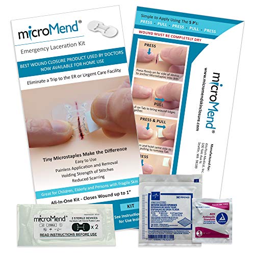 microMend Emergency Wound Closures Surgical Quality Laceration Repair Without Stitches - Think Ahead - Be Prepared- (Kit - 2 microMend Medium Devices, Gauze, Antiseptic Wipe)