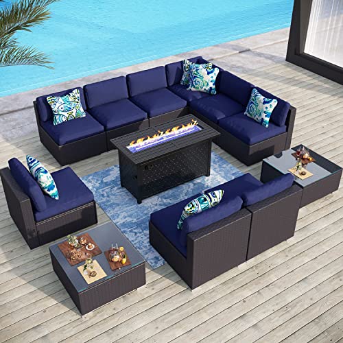 Sophia & William 12 PCS Patio Furniture Set with 45-Inch Fire Pit Table All-Weather Rattan Outdoor Sectional Sofa Patio Conversation Set w/9 Navy Blue Sofa Seats, 2 Tempered Glass Table