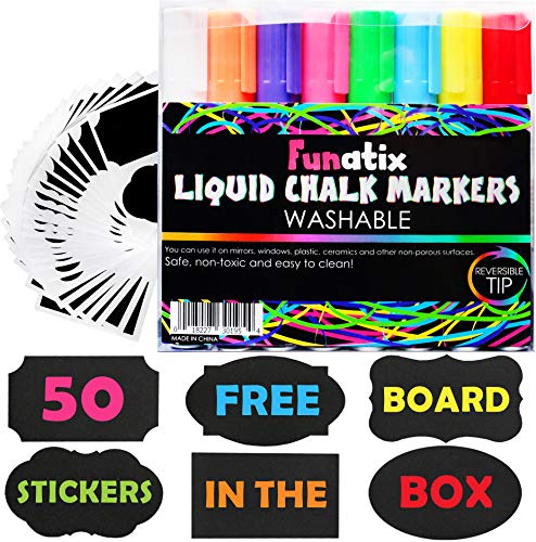 Liquid Chalk Board Window Markers - 8 Pack Erasable Pens Great for Chalkboards - Non Toxic Safe & Easy to Use Neon Bright & Vibrant Colors for All Ages Funatix