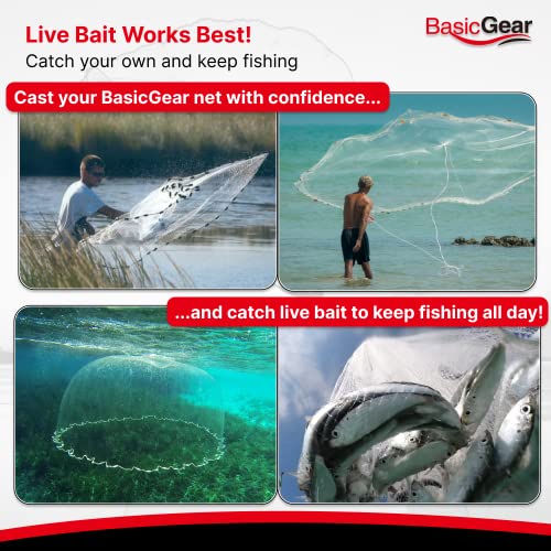 Products BasicGear Cast Net | 3ft-12ft Radius, 3/8 or 1/4 inch Mesh for Freshwater and Saltwater Bait Fish| Professional Grade and Upgraded Material | Throw Style