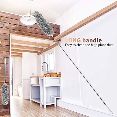Microfiber Duster for Cleaning with Extension Pole(Stainless Steel), Extra Long 110 inches,with Bendable Head, Detachable, Lint Free Dusters for Cleaning Ceiling Fan, Blinds, Cobwebs, Furniture