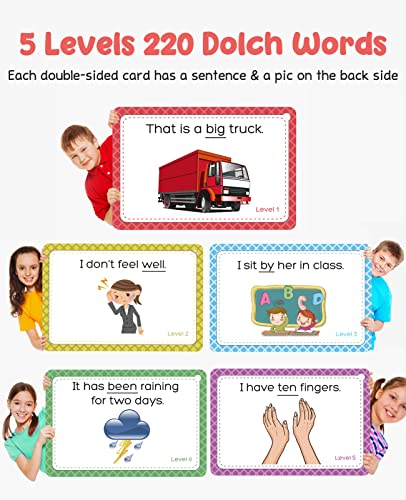 GAMENOTE Sight Words Kids Educational Flash Cards with Pictures & Sentences - 220 Dolch Big Words Sight Word Games for Kids Age 3-9 Preschool (Pre K), Kindergarten, 1st, 2nd, 3rd Grade
