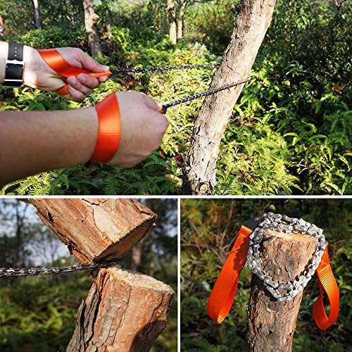 YOKEPO Survival Pocket Chainsaw Folding Hand Saw Chain 33 Serrated 3x faster 24 inch Hand Saw with Orange Straps Camping saw for Wood cutting Hiking Survival Bracelet Whistle Wristband and Firestarter