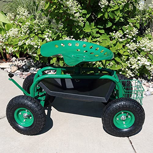 Sunnydaze Rolling Gardening Chair Cart with Wheels - Full Range 360 Swivel Seat with Adjustable Height - Utility Tool Tray and Storage Basket - Green